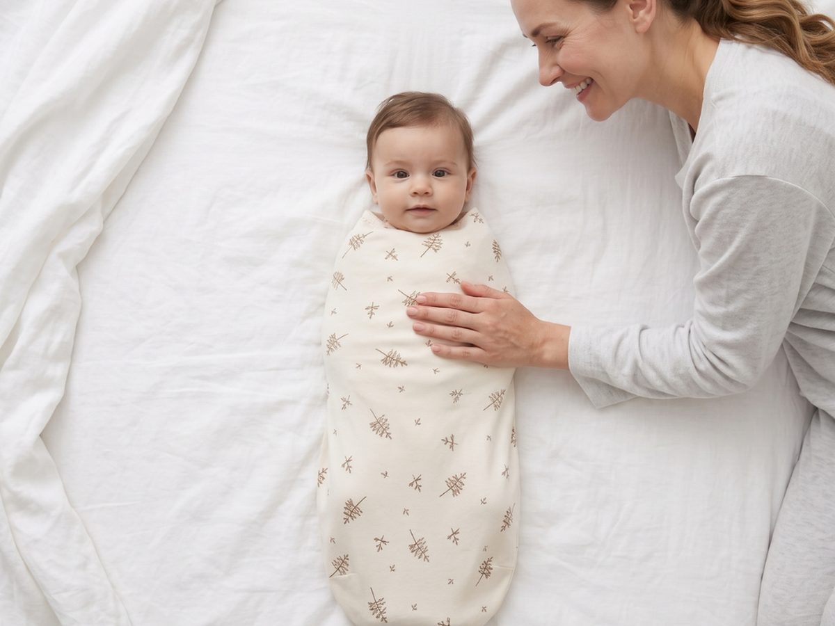 Baby Lilo swaddle on a baby lying on a bed