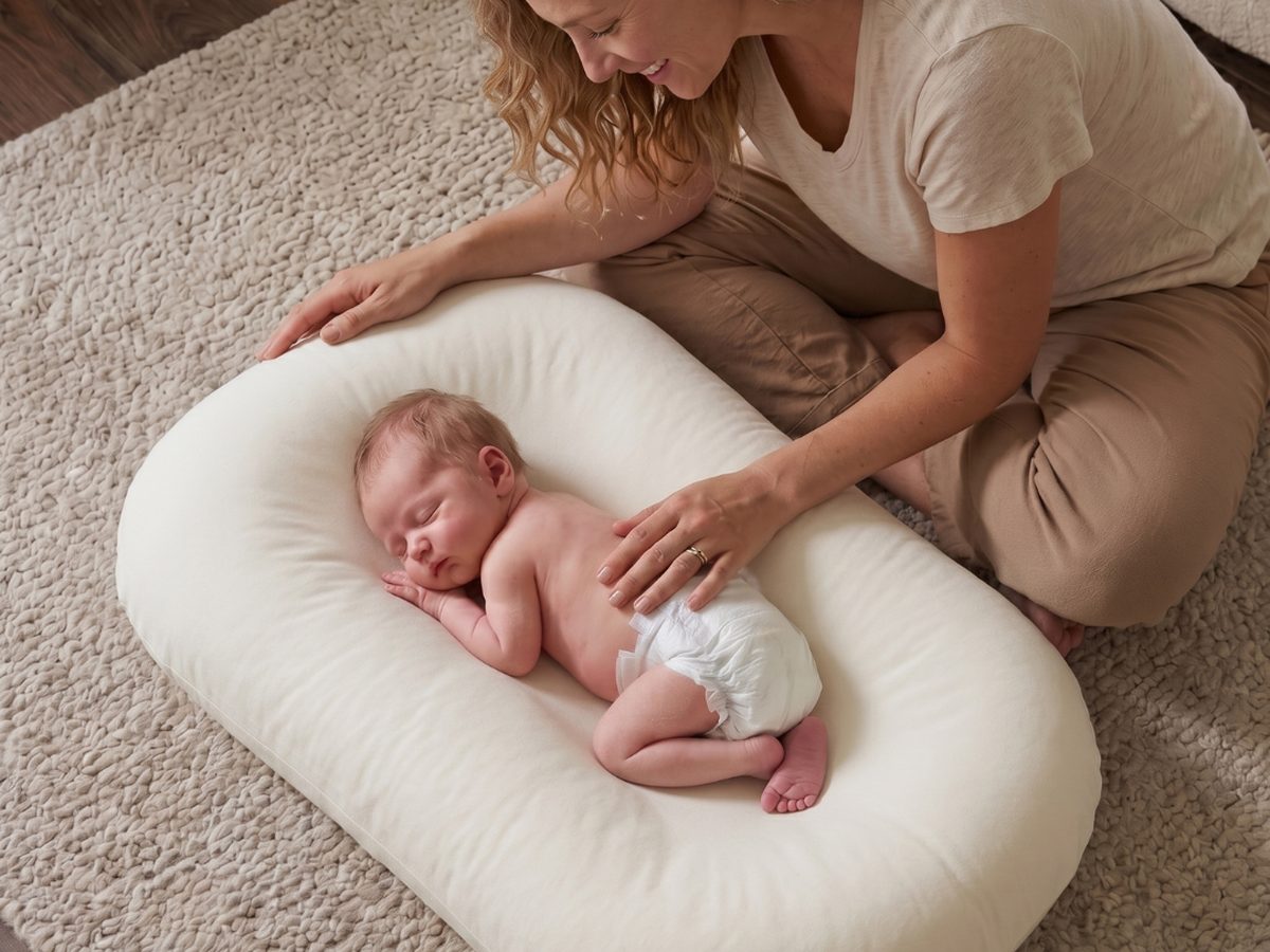 Little Manta baby lounger with a newborn sleeping in it